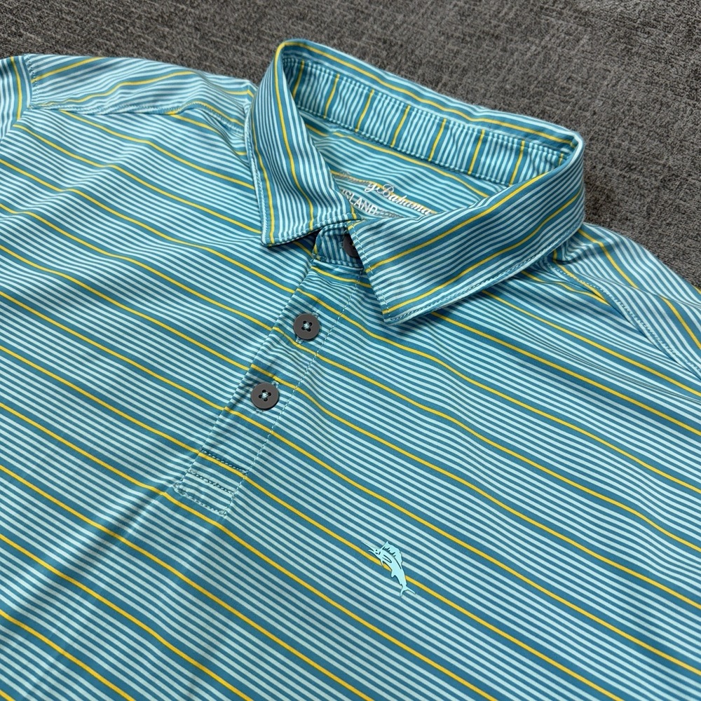 Tommy Bahama Polo Shirt Men's L Blue Striped IslandZone Stretch Golf